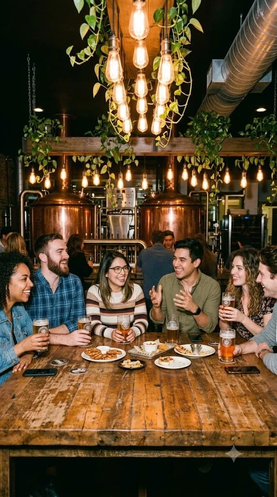 Six people mid-conversation around a long wooden table under filament bulbs.